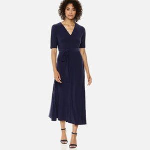 NEW CHAUS NAVY BLUE CAREER BELTED MIDI FLARE DRESS